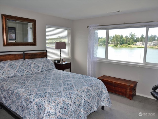 carpeted bedroom featuring a water view and multiple windows