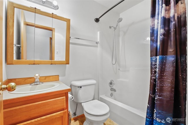 full bathroom with vanity, shower / bathtub combination with curtain, and toilet