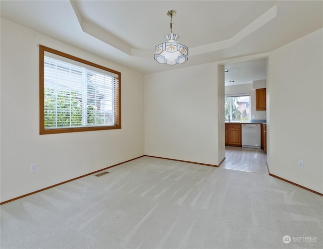 unfurnished room featuring plenty of natural light, light carpet, and a tray ceiling