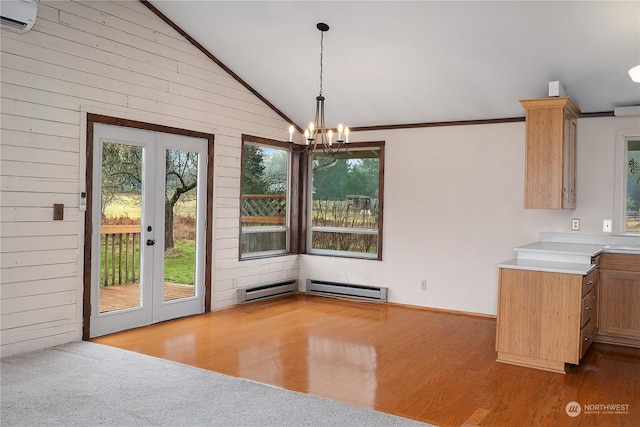 unfurnished dining area featuring a wall mounted air conditioner, vaulted ceiling, a baseboard radiator, and light wood-type flooring