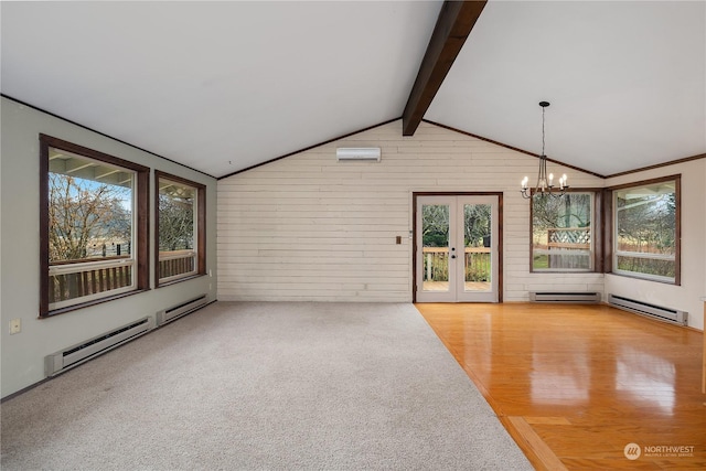 unfurnished living room with vaulted ceiling with beams, a baseboard radiator, an AC wall unit, and a healthy amount of sunlight