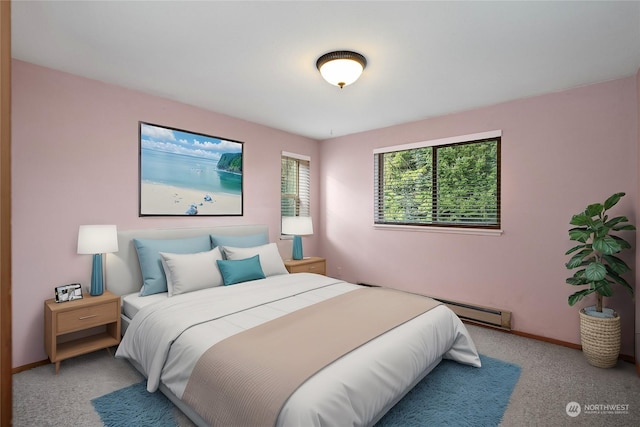 bedroom with light colored carpet