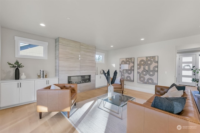 living room featuring a tiled fireplace and light hardwood / wood-style flooring