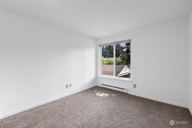 spare room featuring carpet floors and baseboard heating