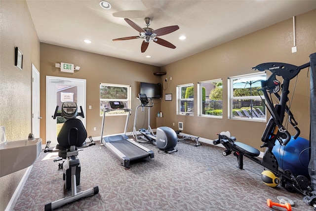 exercise area featuring ceiling fan