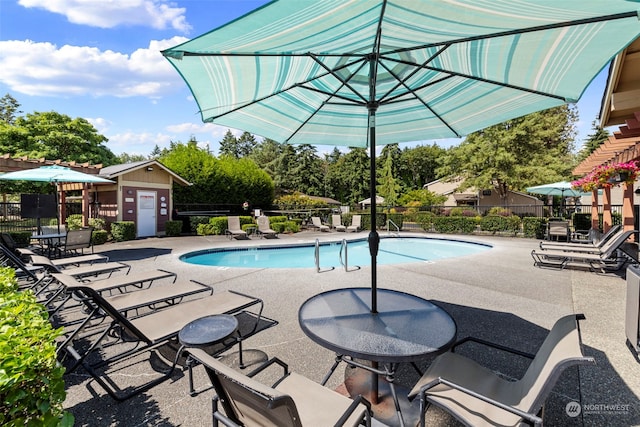 view of swimming pool featuring a patio