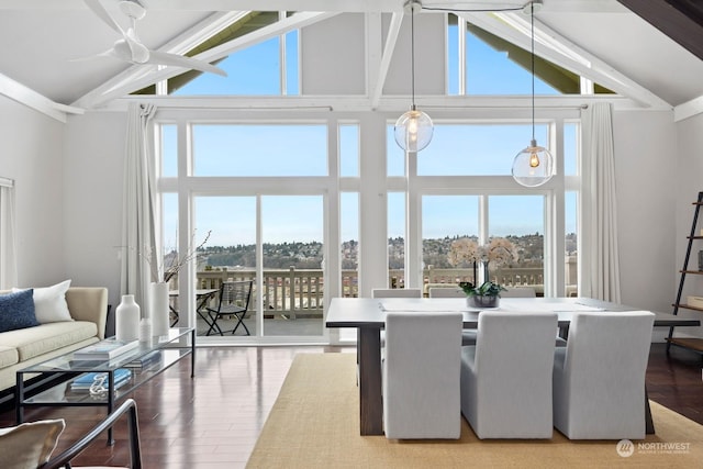 interior space with a healthy amount of sunlight and lofted ceiling with beams