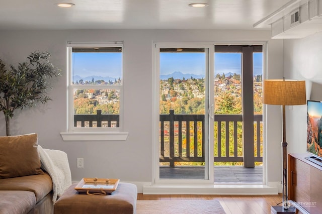 doorway with a mountain view and light hardwood / wood-style flooring