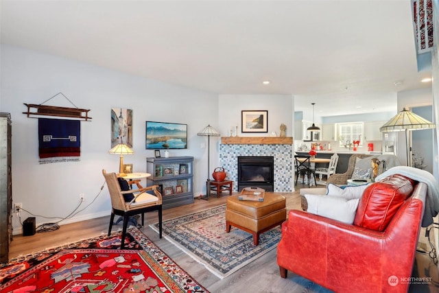 living room with a fireplace and hardwood / wood-style floors