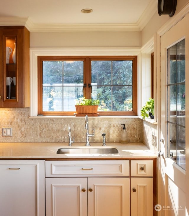 kitchen featuring tasteful backsplash, sink, crown molding, and plenty of natural light