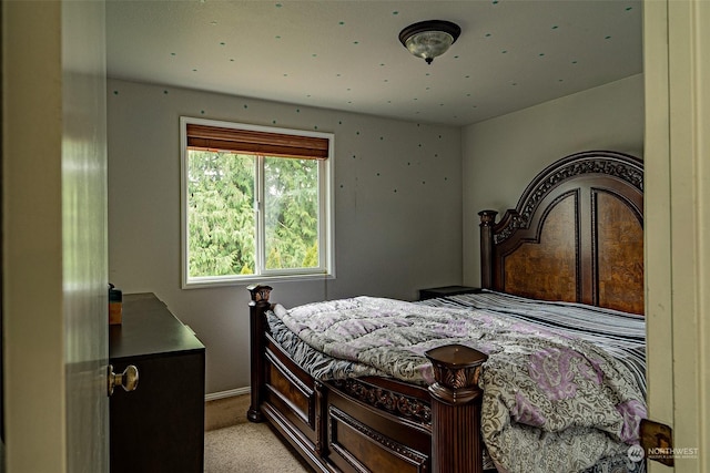 bedroom featuring light colored carpet