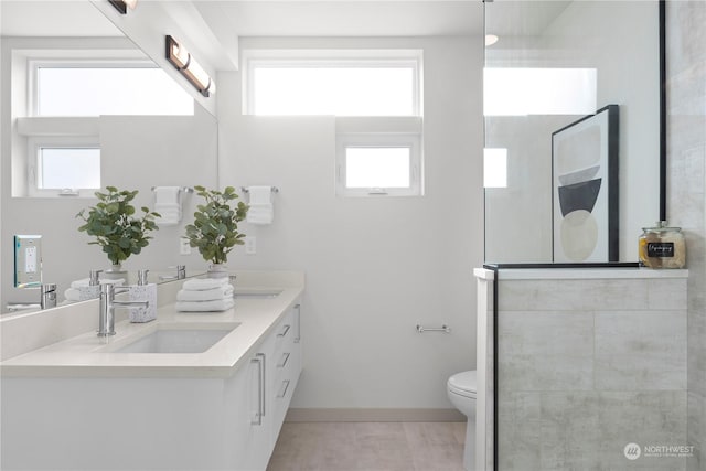 full bath featuring a healthy amount of sunlight, double vanity, toilet, and a sink