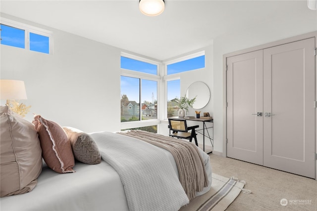 bedroom featuring light carpet and a closet