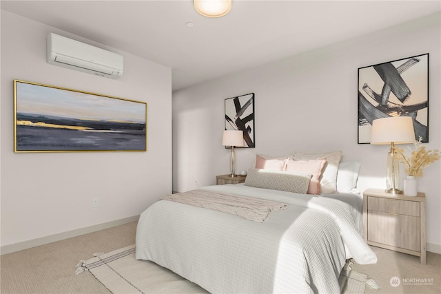 carpeted bedroom featuring a wall mounted air conditioner and baseboards