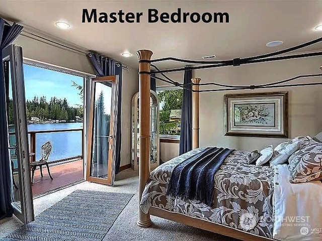 carpeted bedroom with ornamental molding and access to outside