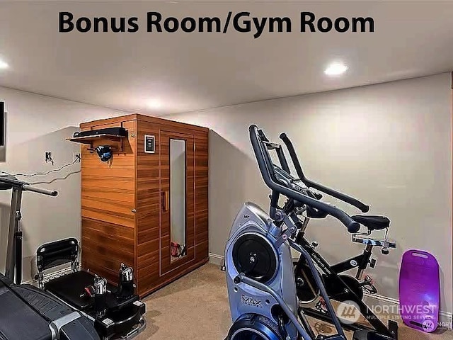 workout room featuring light carpet