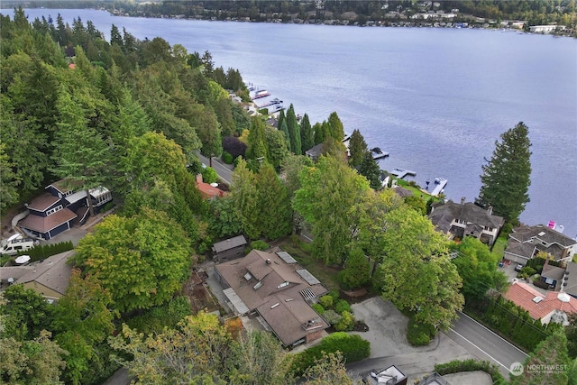 birds eye view of property featuring a water view