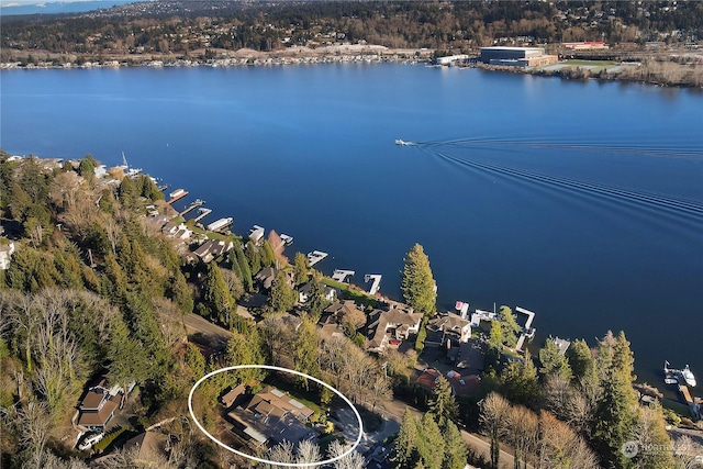 bird's eye view with a water view