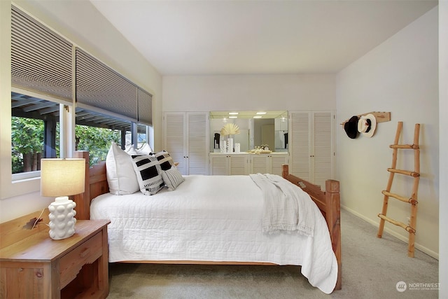 carpeted bedroom featuring two closets