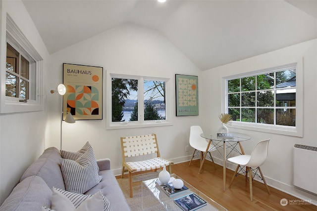 living room featuring lofted ceiling, radiator, and hardwood / wood-style flooring