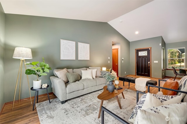 living room with wood-type flooring and vaulted ceiling