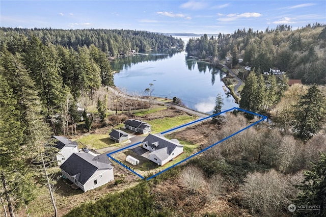 birds eye view of property featuring a water view