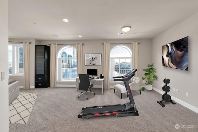 exercise area with light colored carpet and a healthy amount of sunlight