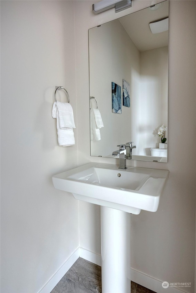 bathroom with hardwood / wood-style floors