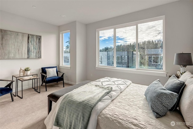 bedroom featuring light colored carpet