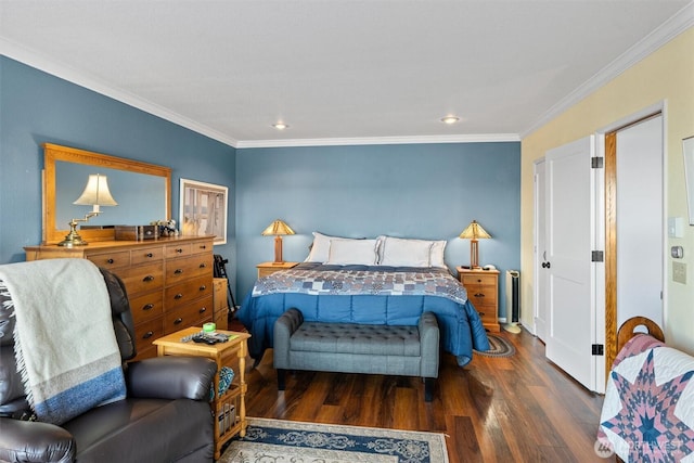 bedroom with crown molding and dark wood-type flooring