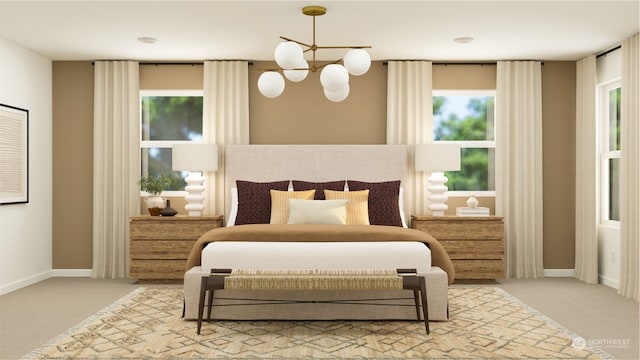 carpeted bedroom featuring an inviting chandelier