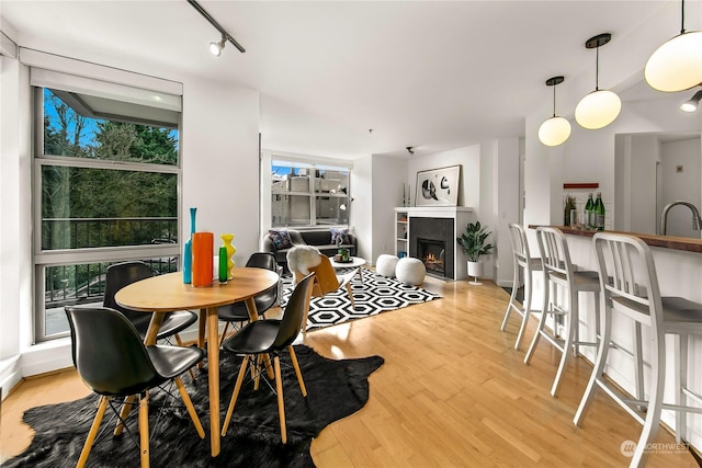 dining room with a glass covered fireplace, wood finished floors, and rail lighting