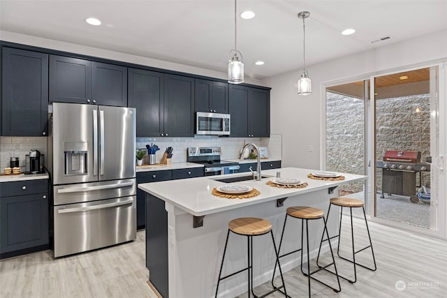 kitchen featuring a kitchen island with sink, sink, tasteful backsplash, and stainless steel appliances