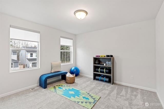 workout room with light colored carpet