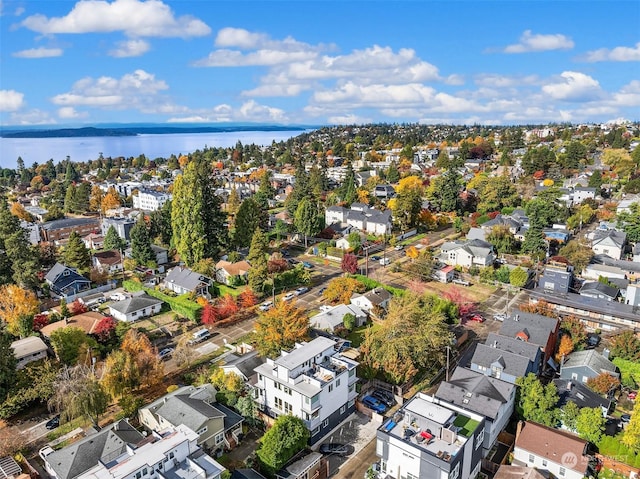 bird's eye view with a water view