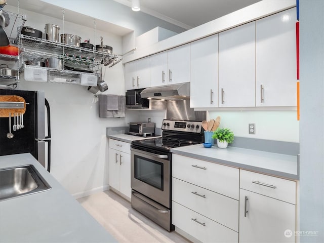 kitchen with white cabinetry, sink, crown molding, and stainless steel appliances