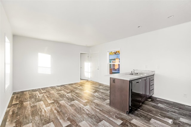 kitchen featuring a healthy amount of sunlight, dark brown cabinets, sink, and dark wood-type flooring