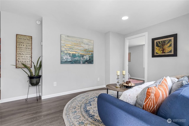 living room with dark hardwood / wood-style flooring