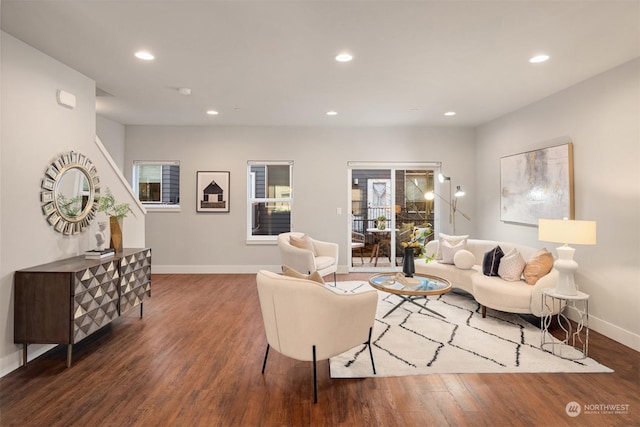 living room featuring dark wood-type flooring