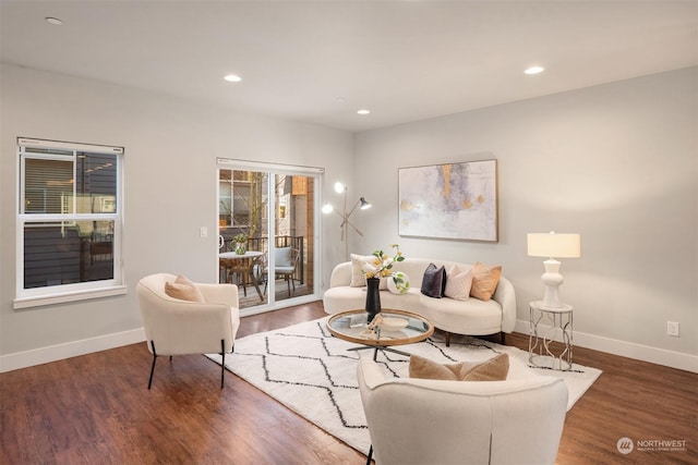 living room with dark hardwood / wood-style floors