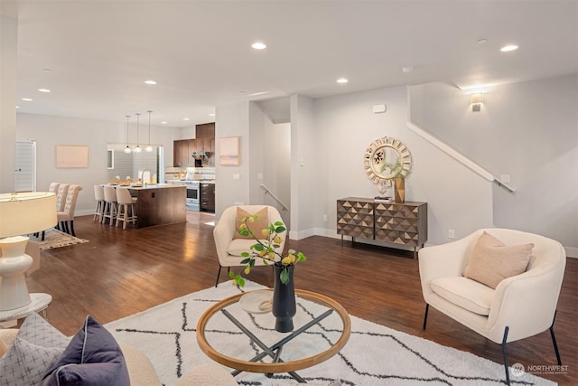 living room featuring dark hardwood / wood-style flooring and sink