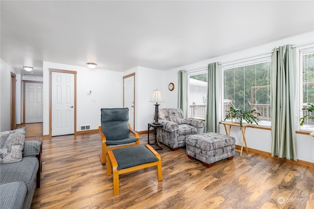 living room with wood-type flooring and plenty of natural light