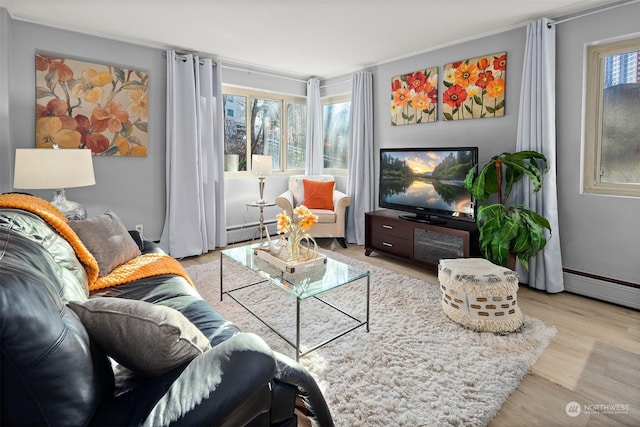 living room featuring a baseboard heating unit and light hardwood / wood-style floors