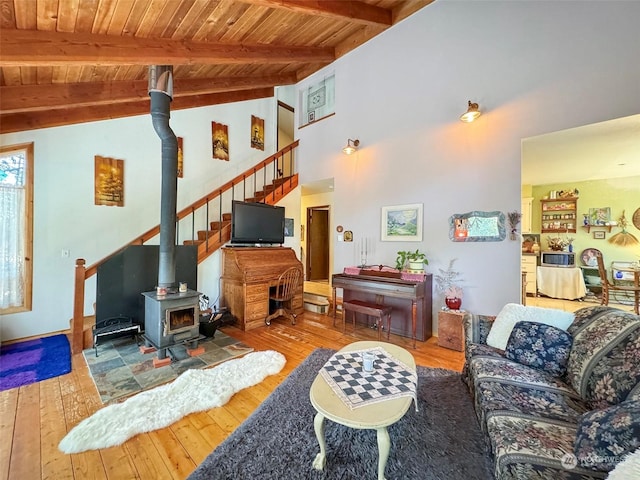 213 Madrona Way, Sequim, WA 98382 - living area featuring wood ceiling, lofted ceiling with beams, hardwood / wood-style floors, and a wood stove