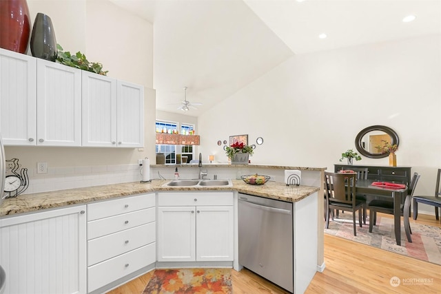 kitchen with sink, stainless steel dishwasher, kitchen peninsula, and white cabinets