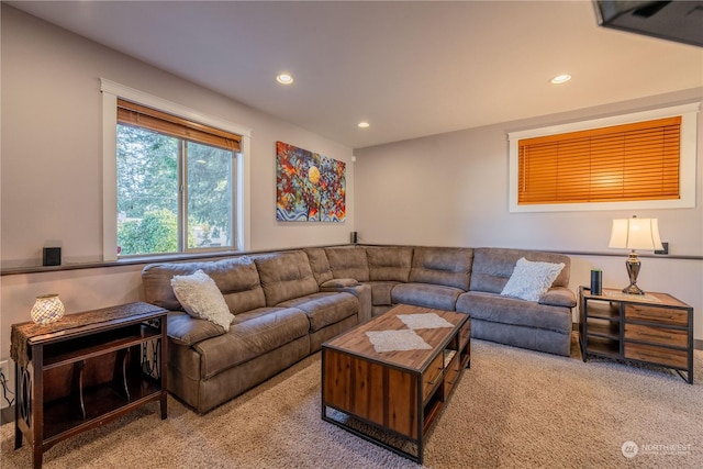 living room with carpet flooring and recessed lighting