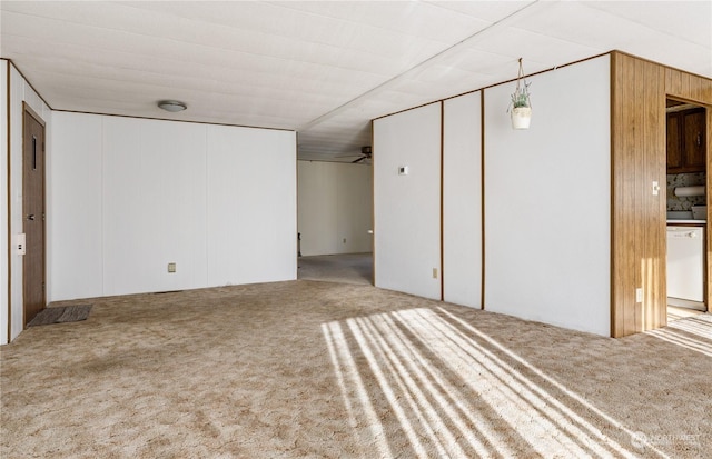 spare room with wooden walls and light colored carpet