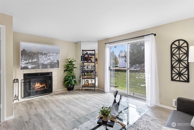 living room featuring a fireplace and light hardwood / wood-style floors