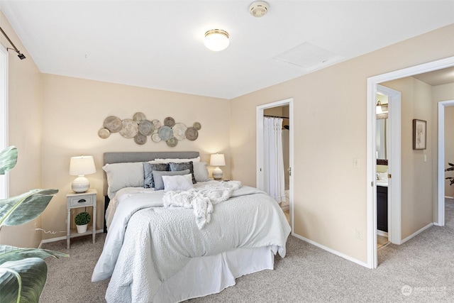 bedroom featuring light carpet