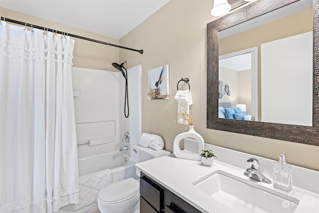 full bathroom with shower / bath combination with curtain, vanity, and toilet